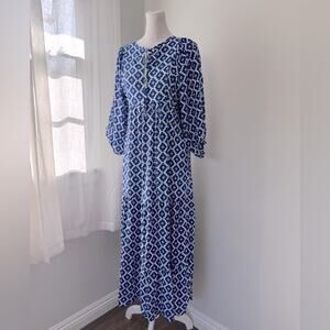 Royal Blue, Pink & White Tie Neck 3/4 Sleeve Lightweight Maxi Dress